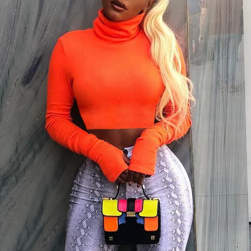 Женский укороченный Топ с длинным рукавом, неоновый свитер с высоким воротником, осенний свитер для женщин, 2021