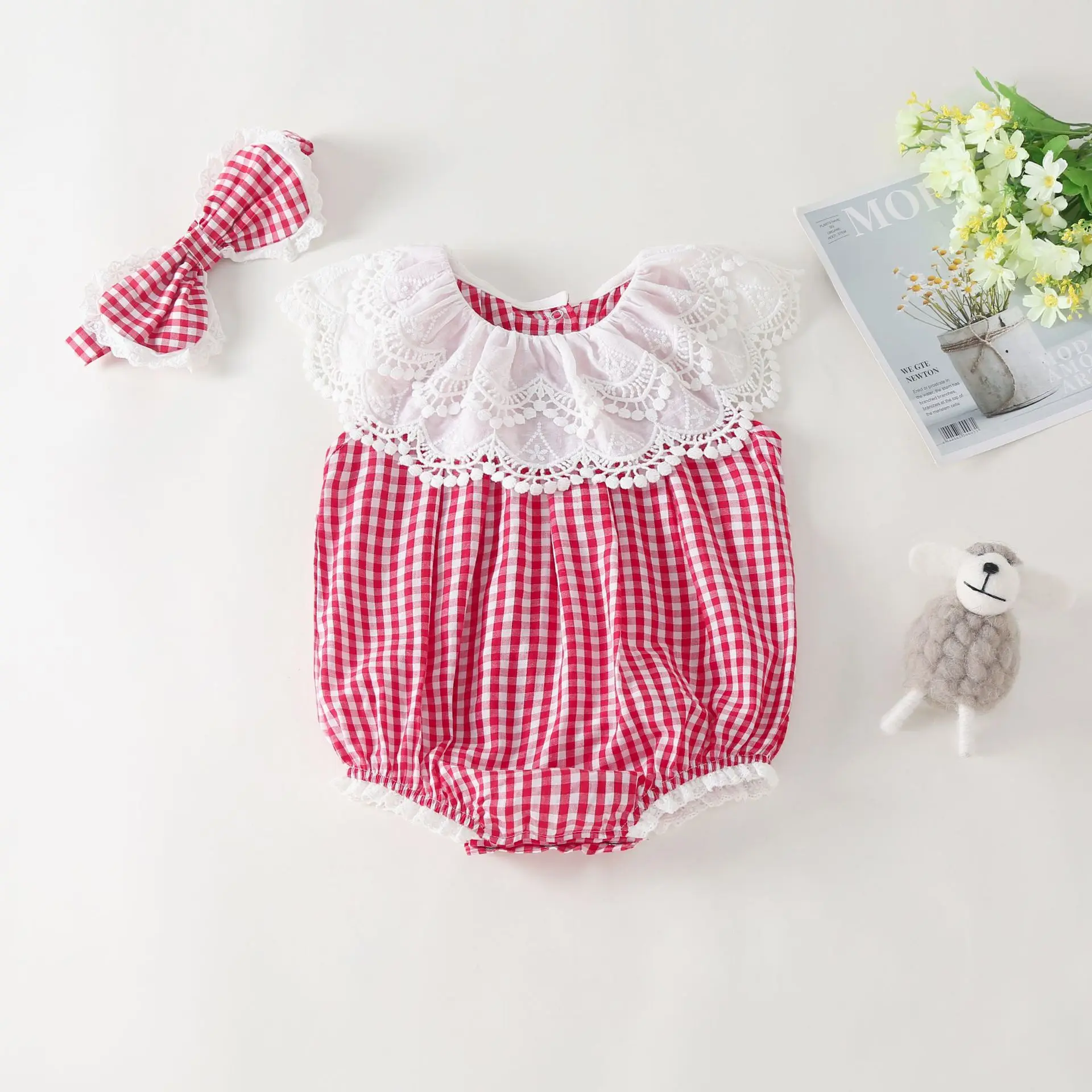 Cute Infant Clothes 2 Piece Plaid Floral Lace Collar Sleeveless Baby Girl Romper+bow Headband Birthday Princess Bodysuit 0-18M