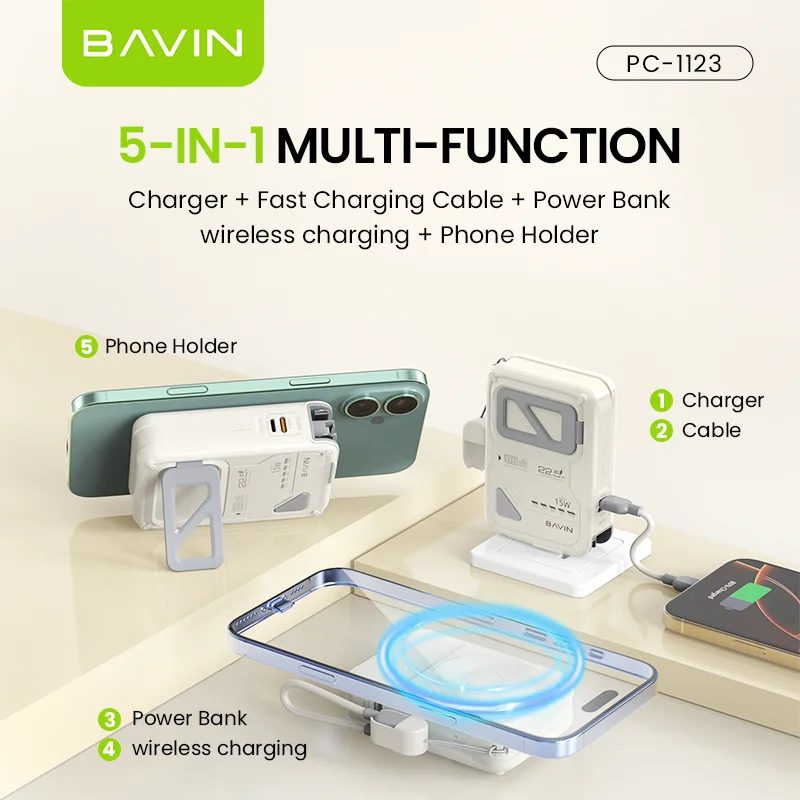 BAVIN PC1123 4 в 1 10000 мАч Беспроводная зарядка power bank с держателем телефона зарядный кабель и штепсельная вилка США