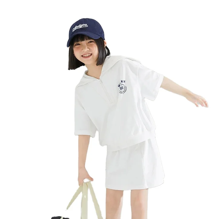 Girls College Navy Collar White T-Shirt Sport Skirt Sweet Skirt Middle Children Short-Sleeved Suit