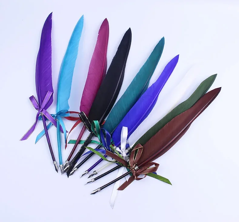Gray Goose Natural Feather Quill Ballpoint Pen Nice Design Black Blue Ink Pens For Kids Smooth Writing