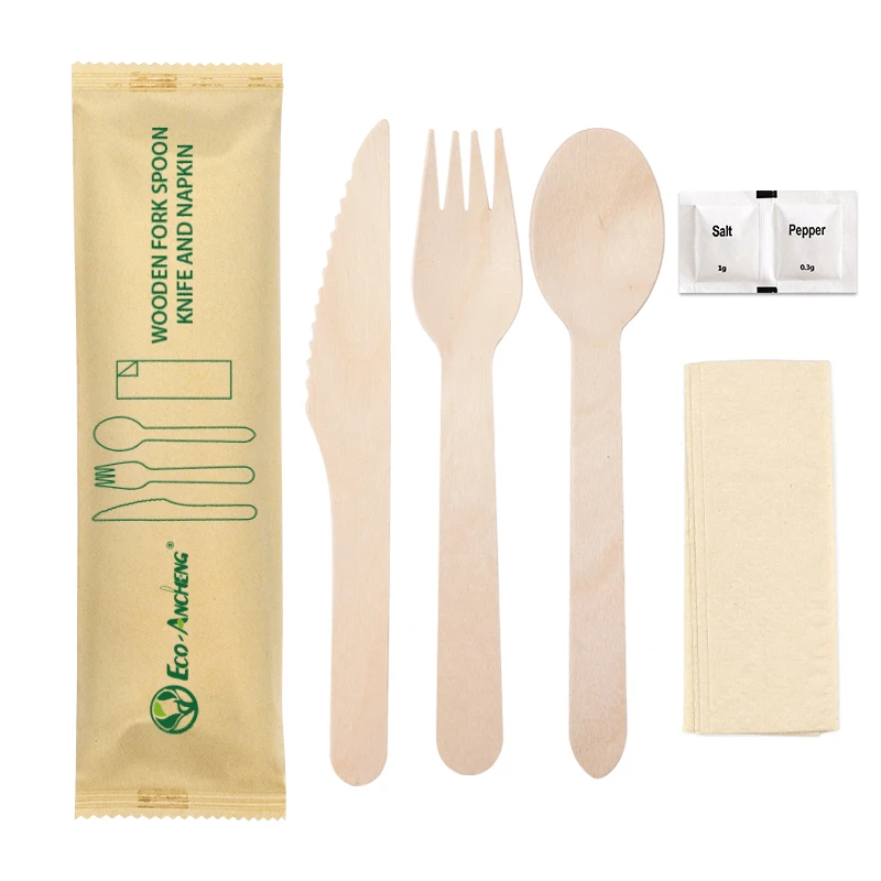 Degradable Natural Earth Friendly Biodegradable Birch Wood Cutlery Disposable Wooden Cutlery Set With Salt And Pepper