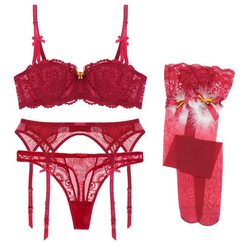 Christmas Underwear Ladies Christmas Red Half Cup Bra Set Native life Red dress up 4 pieces set