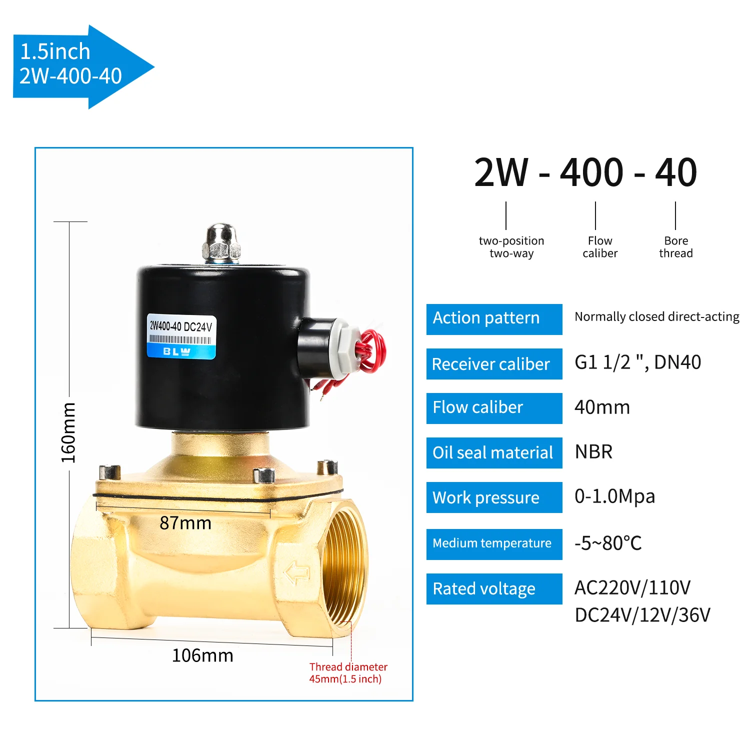 2W400-40 Factory Direct Normally Closed Solenoid Valve With Parts,2 Way Electric Control Valve For DN40 1 1/2inch