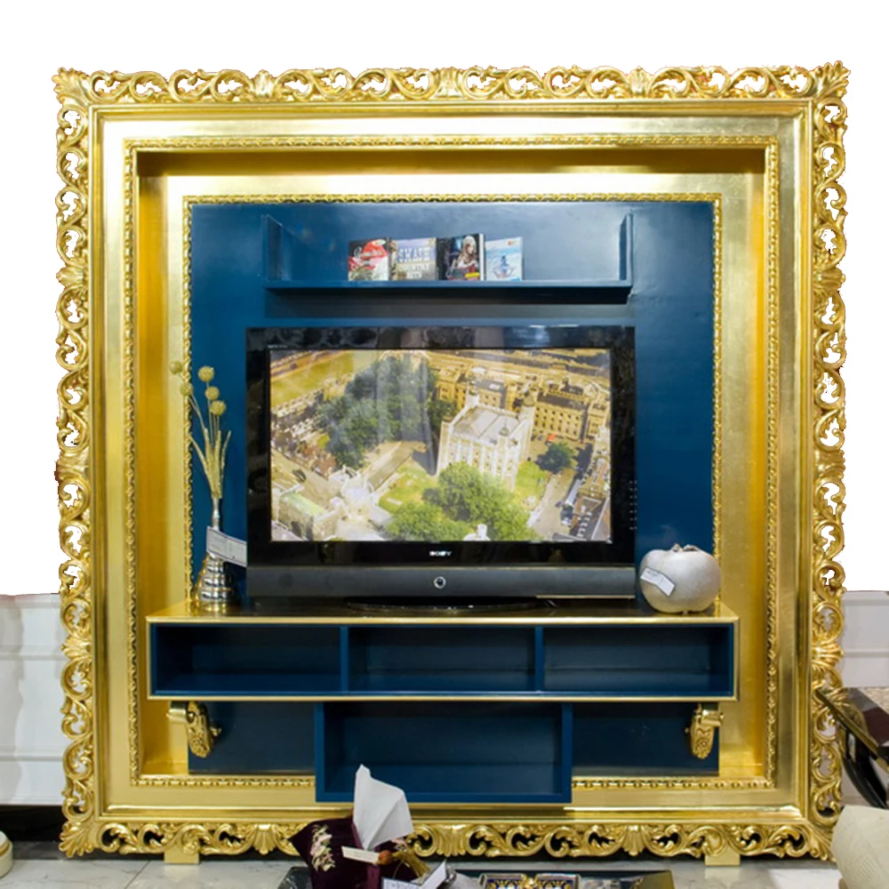 Luxury European Style Living Room Furniture Antique Gold Plated Wall Entertainment Center TV Stand TV Cabinet