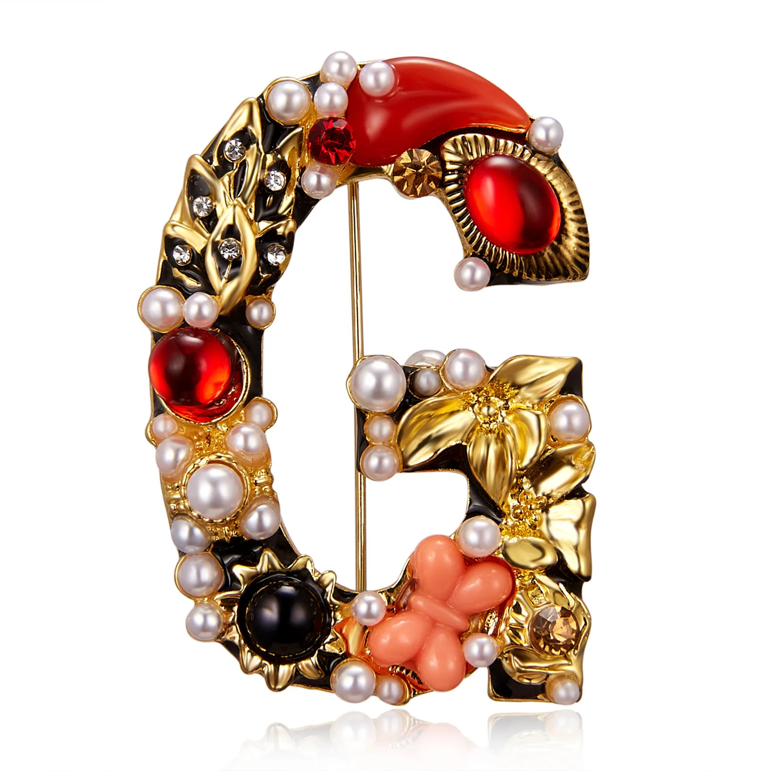 New Letter Pearl Brooch Fashion Wild Rhinestone Painting Oil Flowers Letter Brooch Pins for Women Girls
