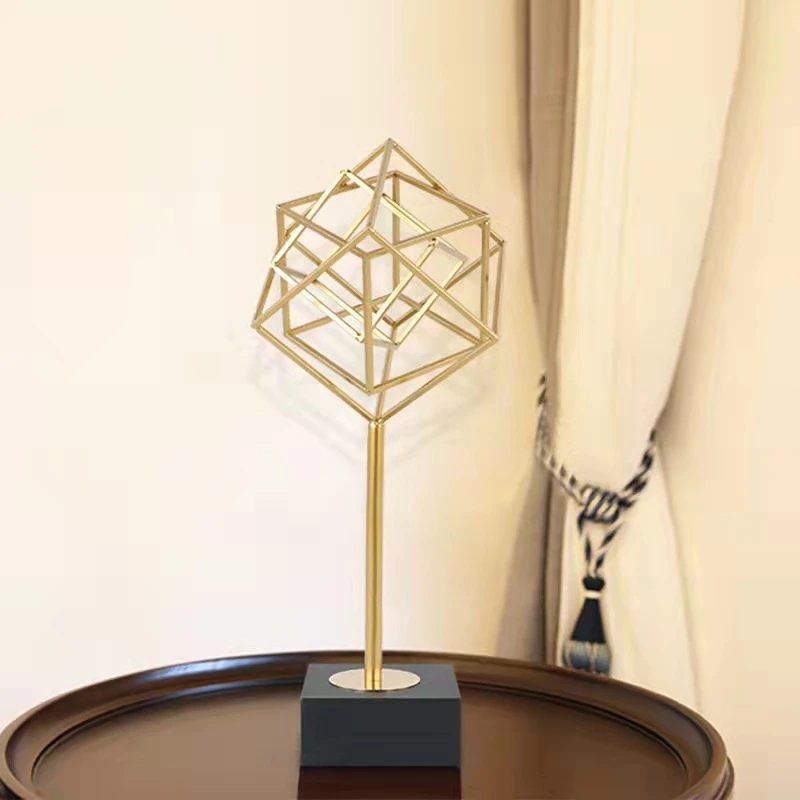 House interior accessories pieces luxury creative golden metal geometric square statue home decor for living room