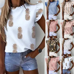 Coldker Women Pineapple Floral Print Ruffle Blouse 2020 Summer Butterfly Sleeve Shirt Elegant Office Lady O-Neck Tops Blusa