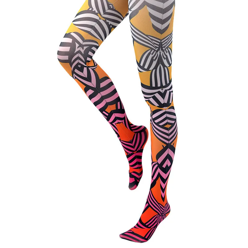 Socksmate Wholesale designer trendy colorful geometry sublimation lady white flocked pantyhose nylon stocking tights dress women