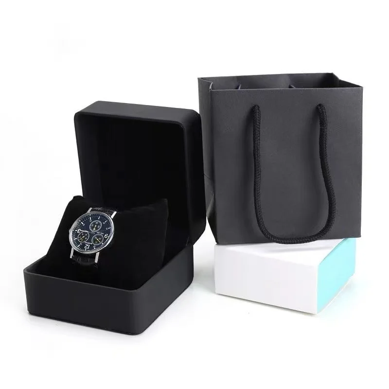 Custom Luxury Surface Velvet Black Watch Packaging with Pillow Paper Box with Bag