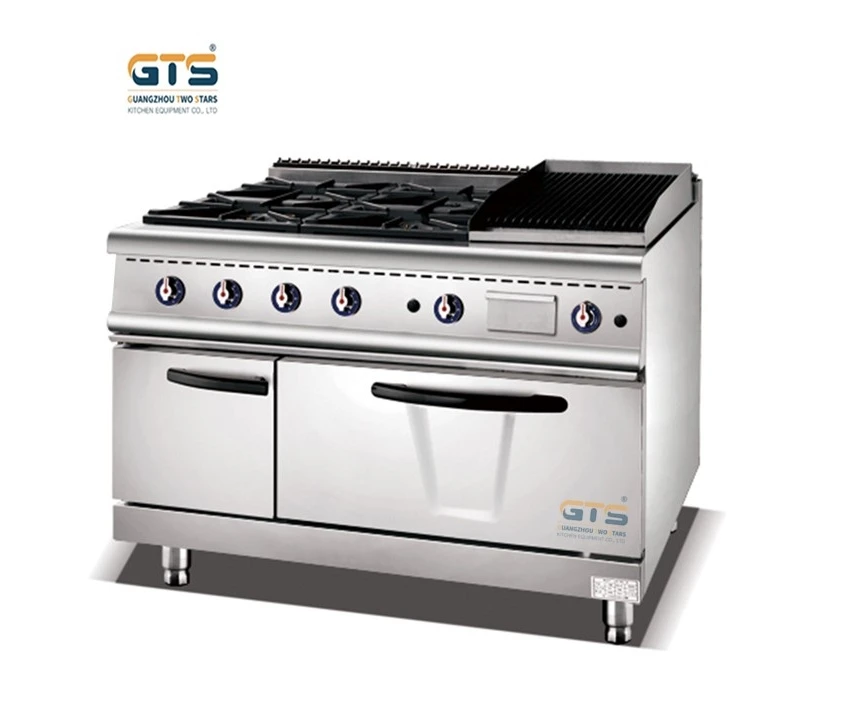 Commercial Gas Range 4 Burners Cooker stove with Lava Rock Grill and Gas Oven 1200mm Cooking Luxury Restaurant Kitchen Equipment