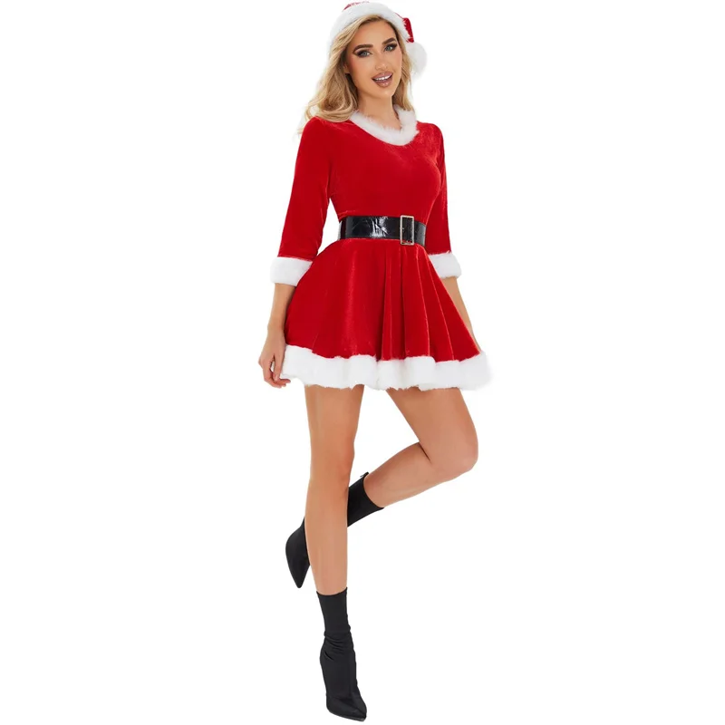 New Year Christmas Cosplay Outfits Party Performance Adult Costumes Dress Female Fancy Women Winter Red Dress With Hat