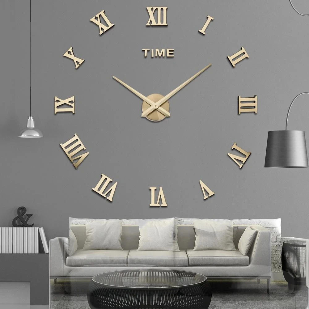Mirror Surface 3D Large Diy Wall Clock Modern Design Roman Numeral Acrylic Home Decor Mirror Wall Clock