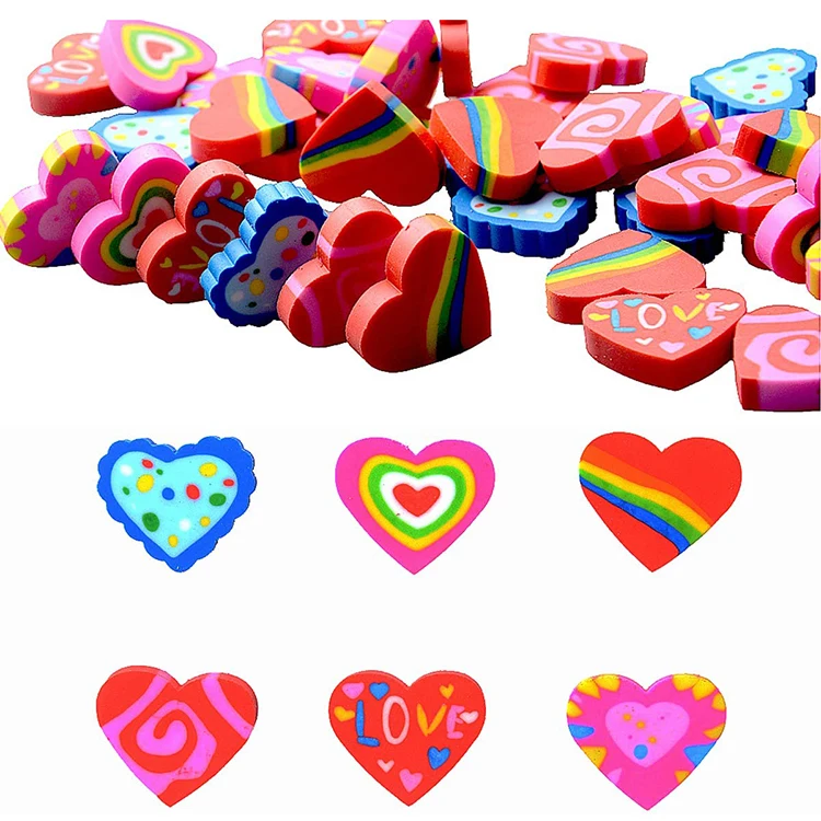 manufacturer custom promotion 2d heart shape eraser top for pencil crayon 22pcs mini rubber eraser set package for kids