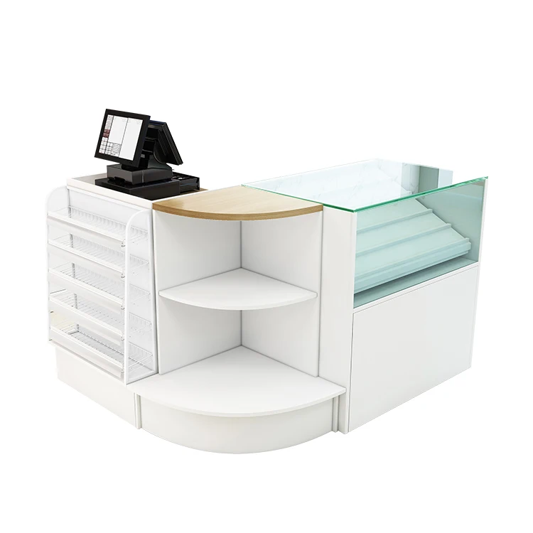 Movable Store Checkout Counter with Cigarette Glass Display Cabinet for Stores, Shops, Pharmacy
