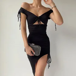 New Arrival Backless Girls Dresses Hollow Out Woman Black Bodycon One Shoulder Dress