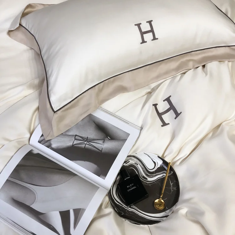 Embroidery tencel bed linen customized solid colors bedding set