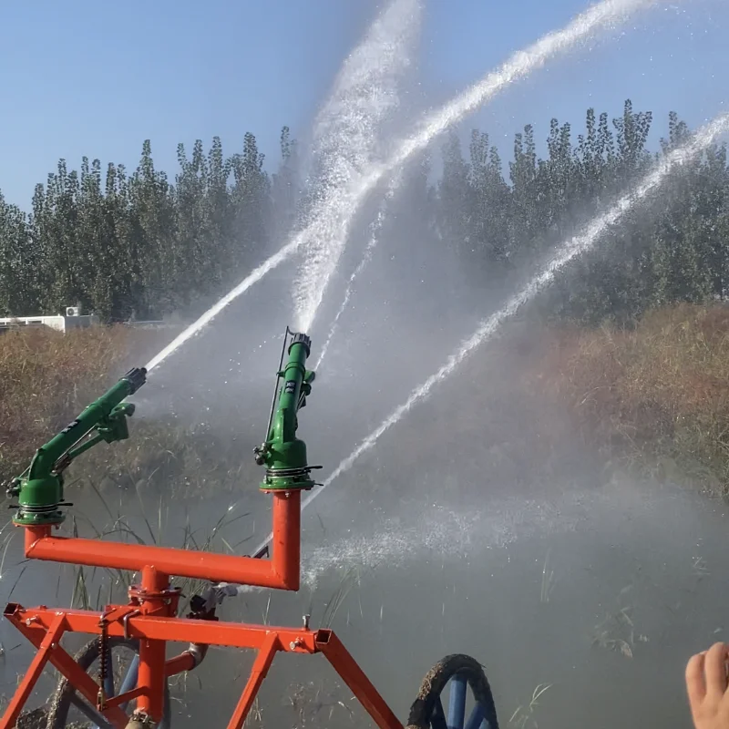 Low price rain gunner cart, movable rotating sprinkler with wheel irrigation nozzle, fully covered large area watering spray gun