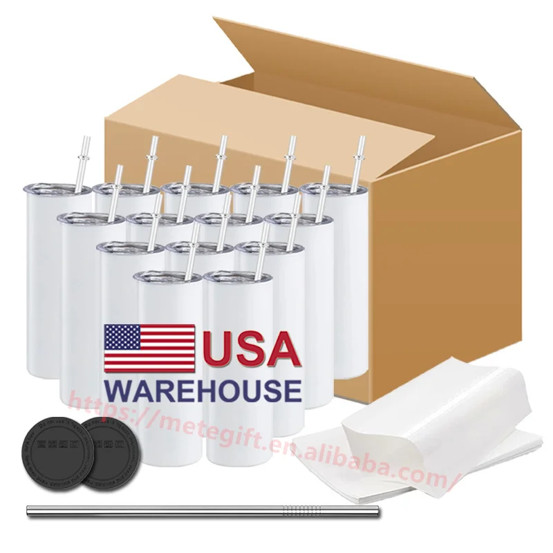 USA Warehouse 20 Ounce Double Wall 20oz Straight 20 oz Skinny White Blank Stainless Steel Tumbler Cup for Sublimation Printing