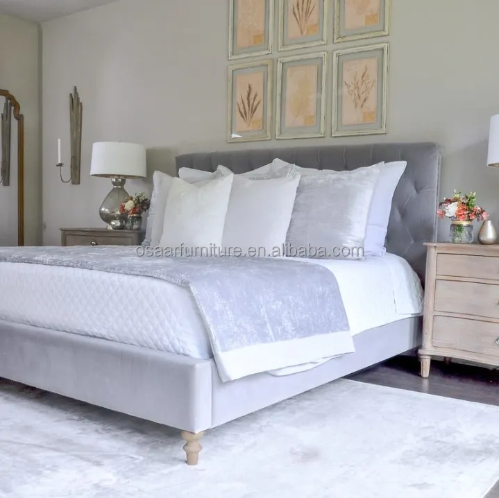 Contemporary Bedroom Furniture French Design King Size Grey Velvet Upholstered Tufted Bed