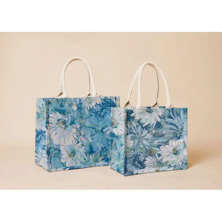 Hot Sell Extra Large Waterproof Customized Cotton Rope Handles Canvas Women Blue Print Bag
