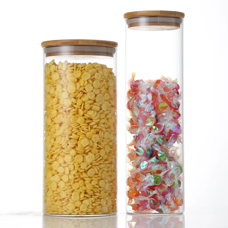 
Factory hot sale high borosilicate glass food storage tank with bamboo seal cover Suitable for flour, sugar, coffee, candy 