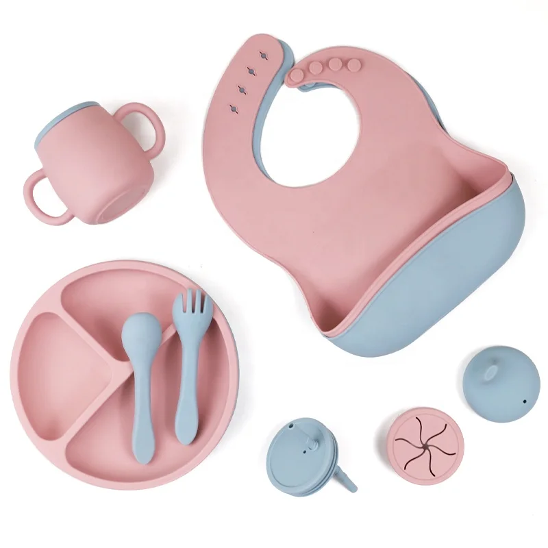 Food Safe Ecofriendly Baby Kids Feeding Plate Set Silicone Bib Mold Plates Bowls Spoons Eating Utensils For Toddler