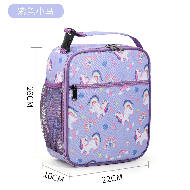 kids school picnic bag Waterproof insulated Unicorn dinosaur rocket pattern thickened aluminum foil box with strap and zip