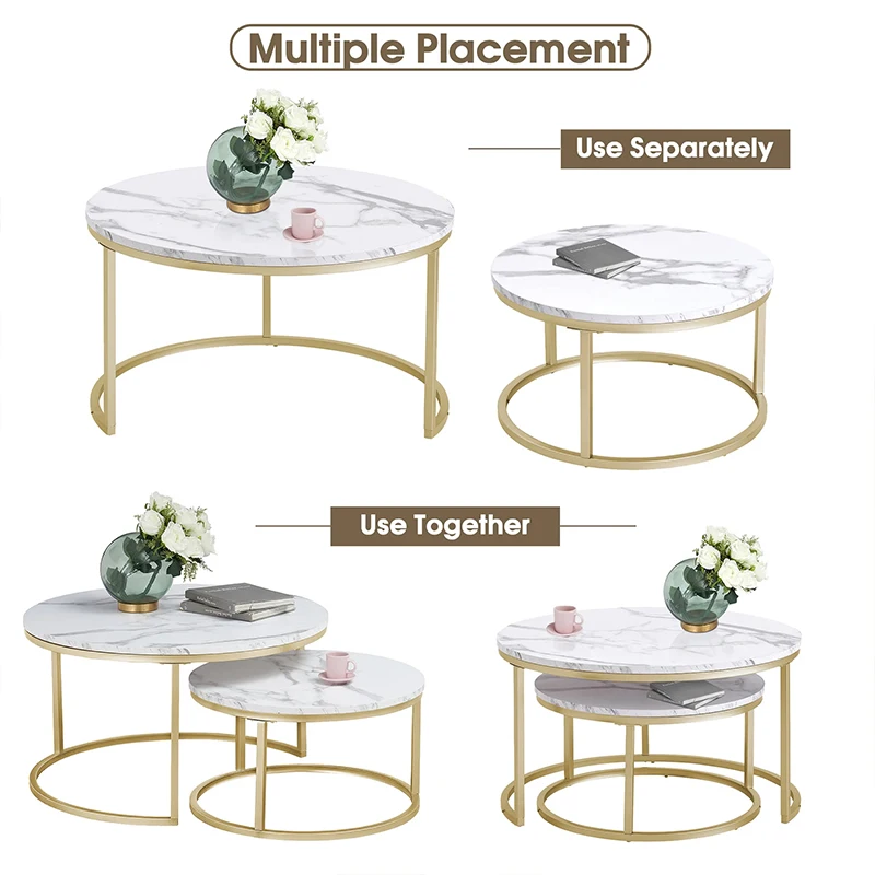 Classic Living Room Couch End Tables Nesting Stacking Tables Round white Marble Coffee Table Set
