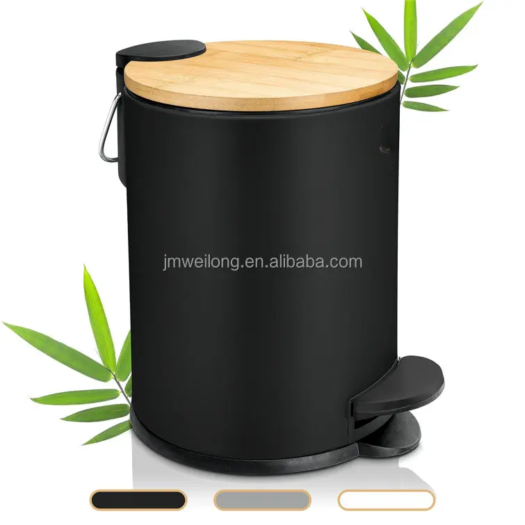 Home 3L Pedal Bin With Bamboo Lid & Pedal Metal Trash Can Garbage Bin Kitchen Toilet Washing Room
