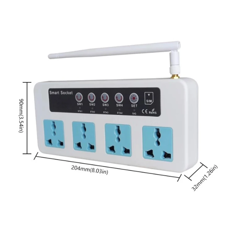 Quad Band GSM 850/900/1800/1900MHz 4-outlet Relay 16A Smart Extension Socket Power Strip with Temperature Sensor Linkage Control