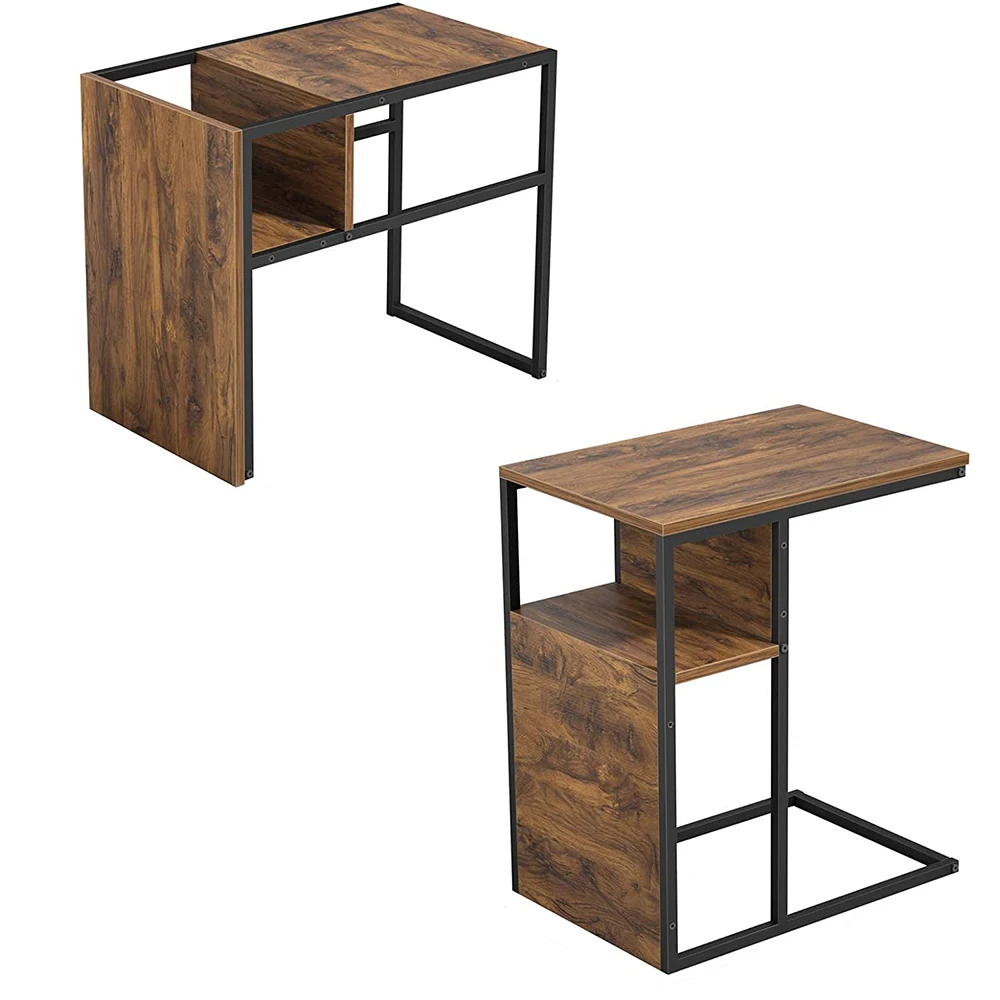 Wood Desk Nightstand Organizer C-Shaped Reversible Side Table Nightstand Bedside Table with Wooden Shelf Snack