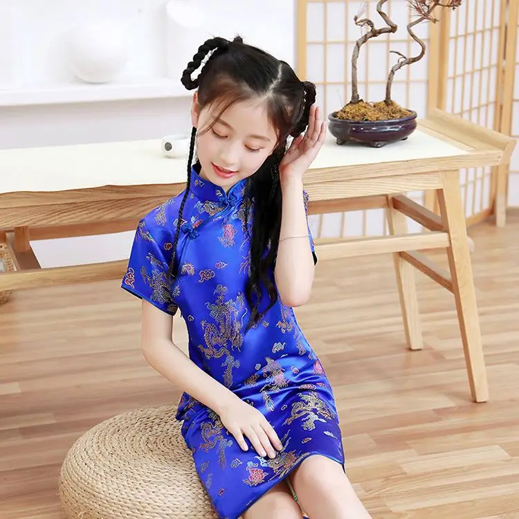 Cheongsam Kid Wholesale Summer Chinese Traditional Retro Style Teenage Kid Short Cheongsam Dress For Girls