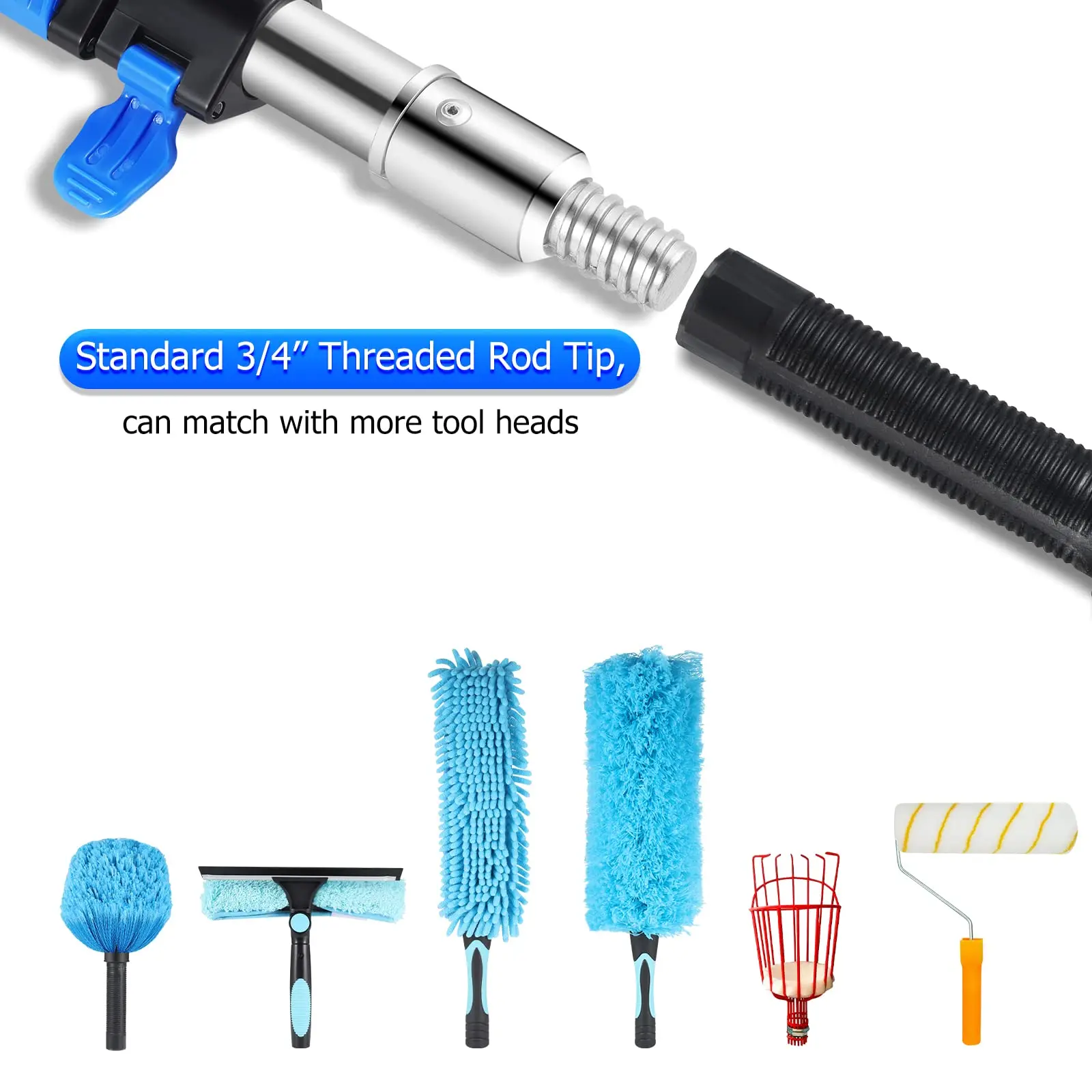 Universal Threaded Metal Tip Multi-Purpose Paint Roller Extendable Pole Lightweight Sturdy Steel Telescoping Pole for Dusting