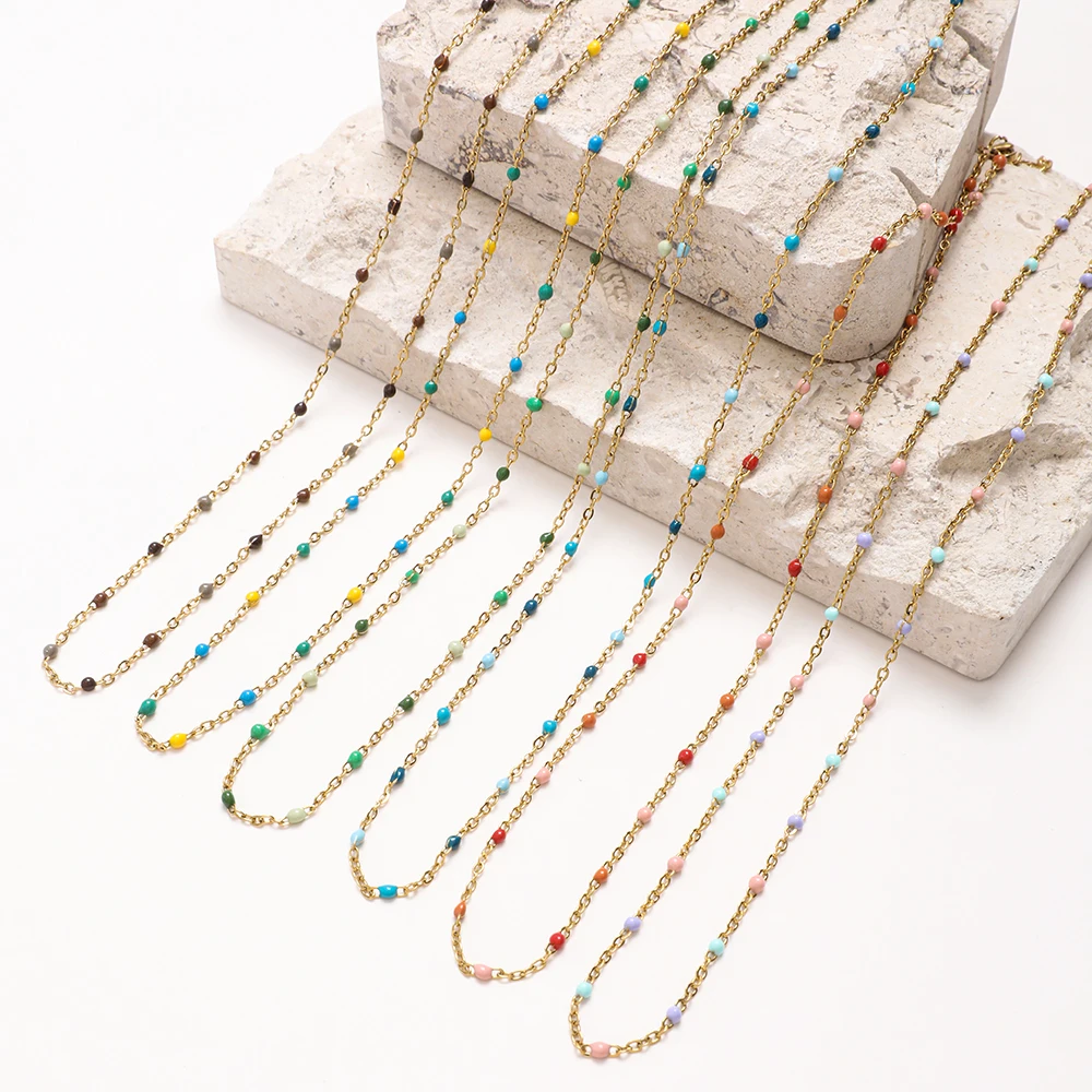 Thin Stainless Steel Chain Gold Plated Color Matching Unique Enamel Color Beads Necklace for Wedding Gift DIY Jewelry