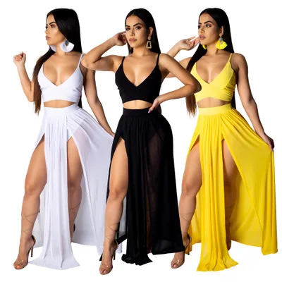 2 pc Women fashion Sleeveless Suspender Sex Tops+long Skirt Set Outfit women summer plus size split sexy beach causal clothes