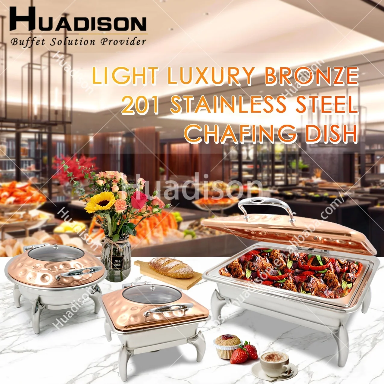 Huadison Wedding Banquet Equipment Round Stainless Steel Food Heating Rose Gold Chaffing Dish With Stainless Steel Base