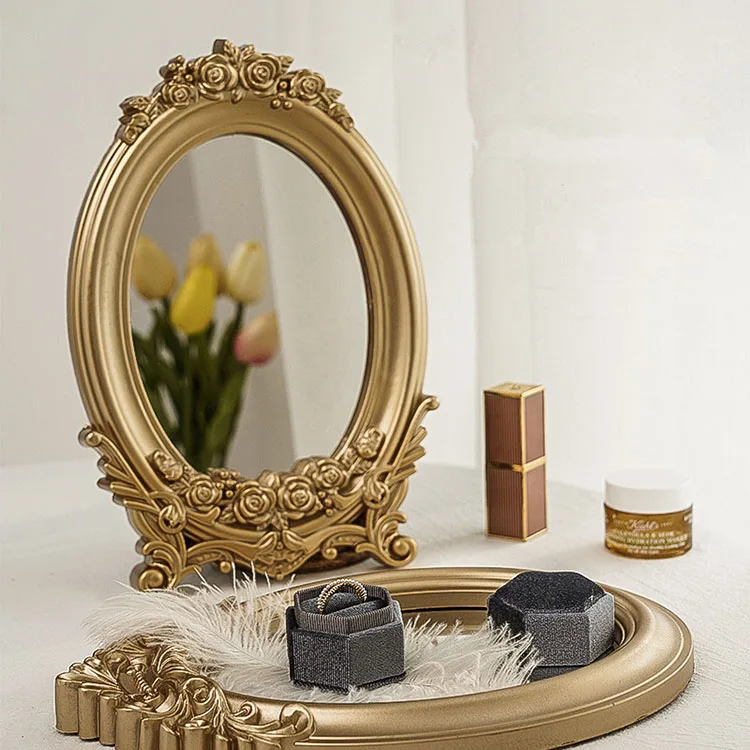 
Cutelife Ins Nordic Gold Resin Small Round Table Mirror Tray Vintage Standing Home Decorative Mirror Bedroom Table Makeup Mirror 