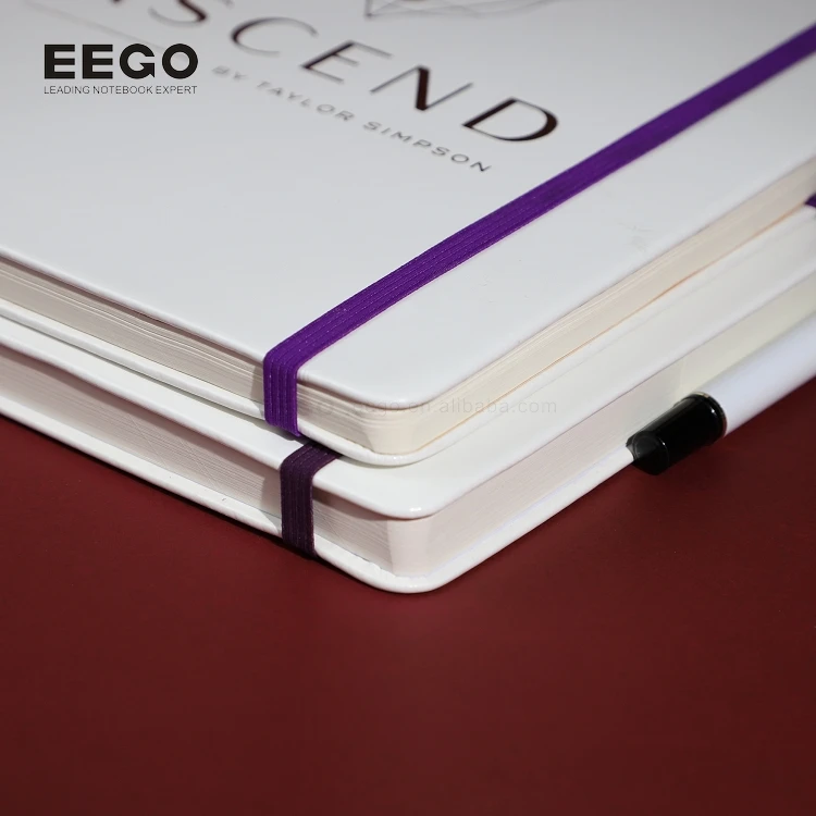 A4 Soft Leather Bound Journal Note Books Lined  8x11 Custom Gold Logo Personalised White Notebook With Elastic Band and Pen
