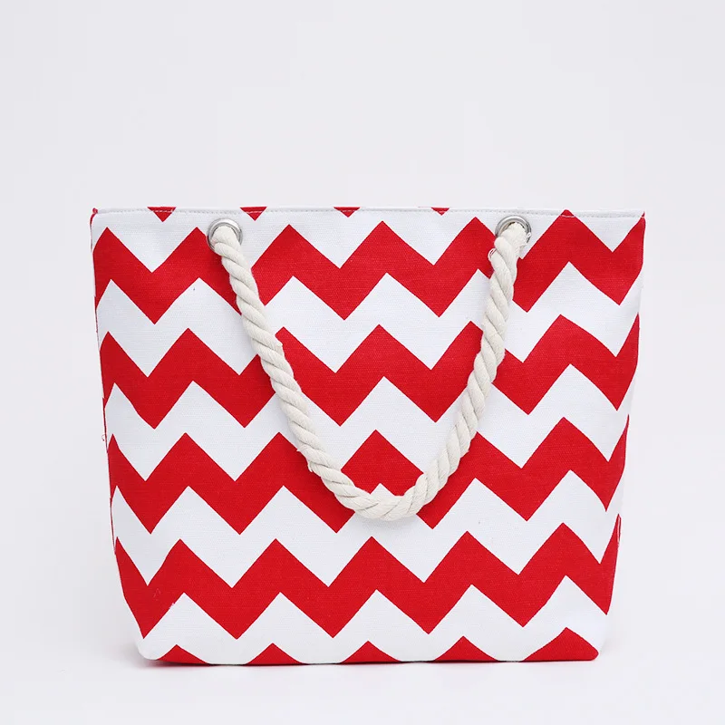 Solid color W pattern white background printed hemp rope handle canvas bag large capacity handbag casual beach bag shoulder bag
