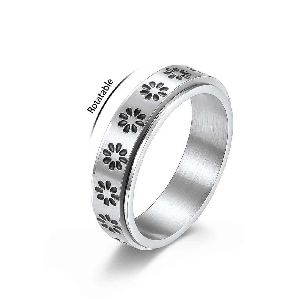 BINSHUO Decompression Spin Ring Stainless Steel Jewelry Gold Plated Little Daisy Anti Anxiety Rotating Couples Ring For Women