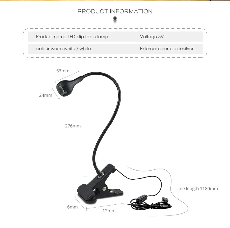 USB Power Flexible Reading LED Light Clip-on Beside Reading Lamp Bed Desk Study Room Bedroom Travel USB Table Book Lights
