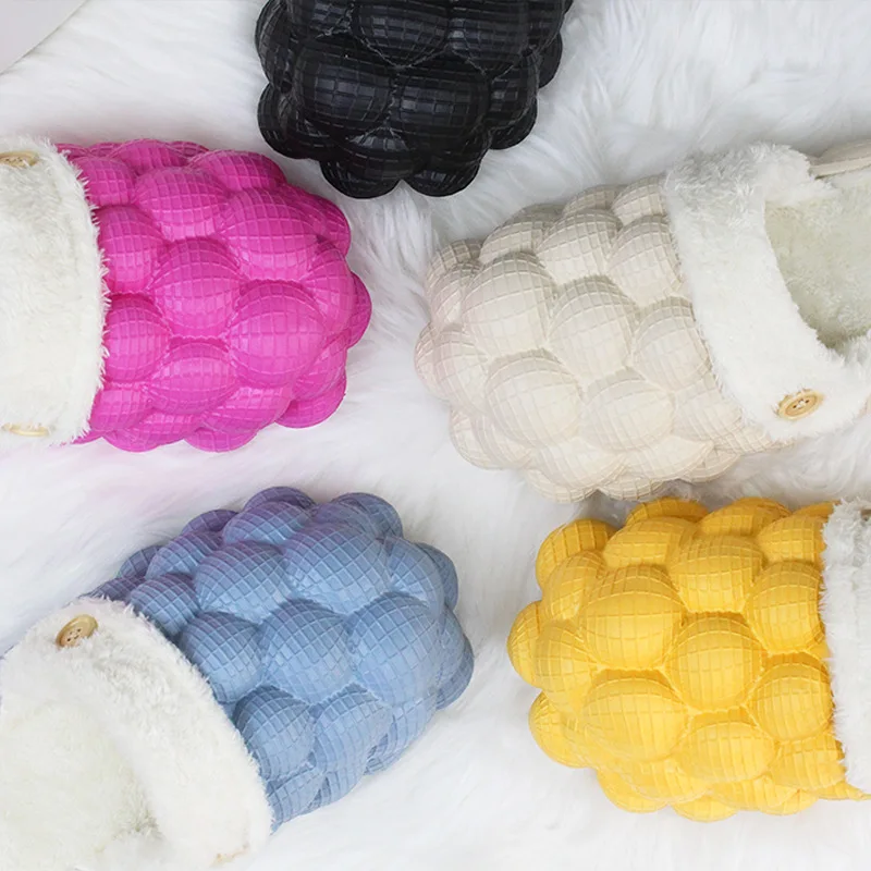 New Colorful Wholesale Warm Fur Plush Winter Massage Pink Men Women Slippers Sandals Wrap Ball Golf ball Furry Bubble Slides