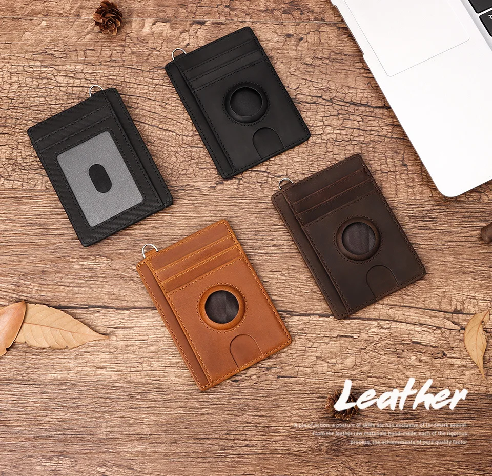 New Design Genuine Leather RFID Slim Card Holder Gift Air Tag Pockets Credit Card Holder with Key Chain