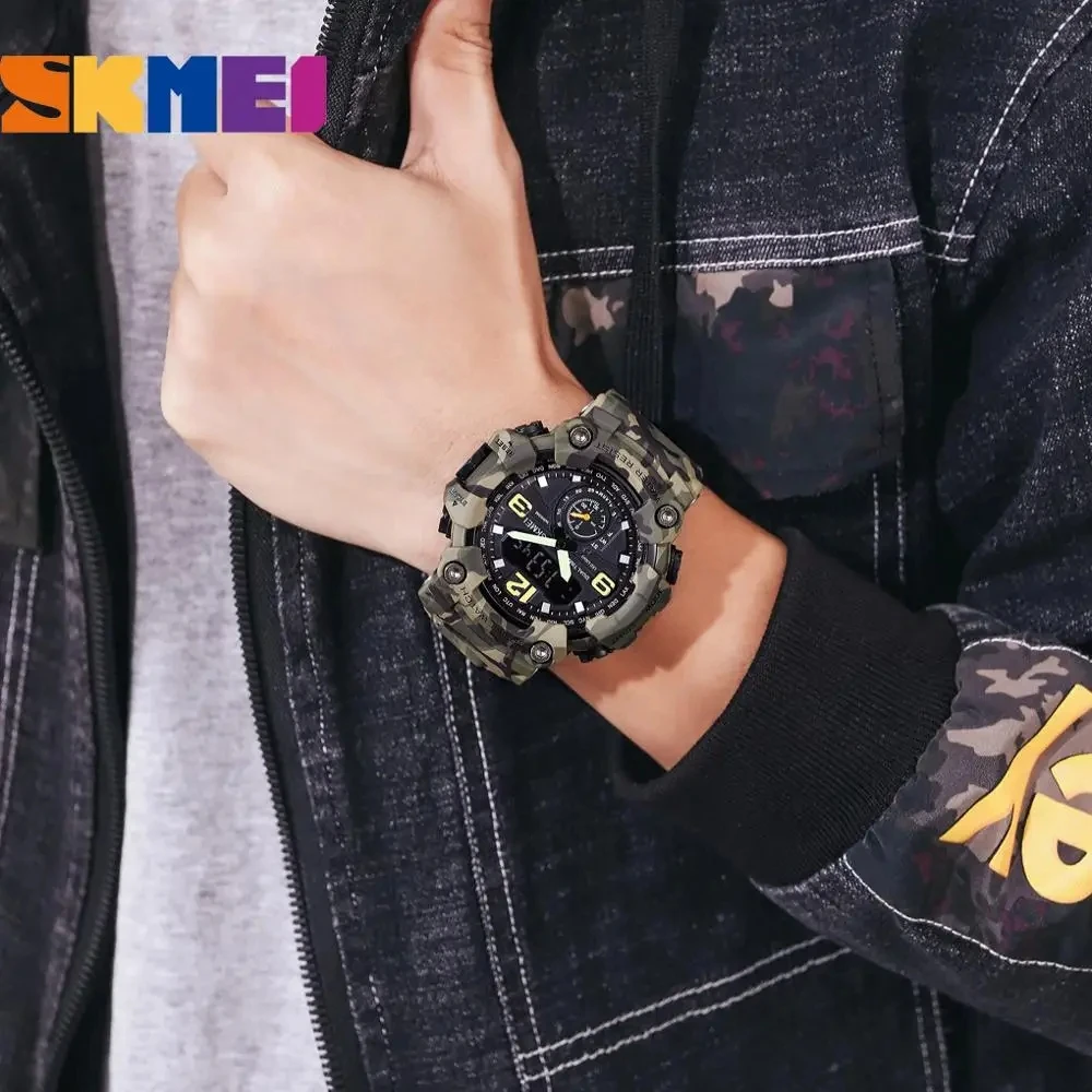 SKMEI 1637 Outdoor Military Men Watches Camouflage PU Waterproof Wristwatches Casual Sport Style Digital Dual Display Male Clock