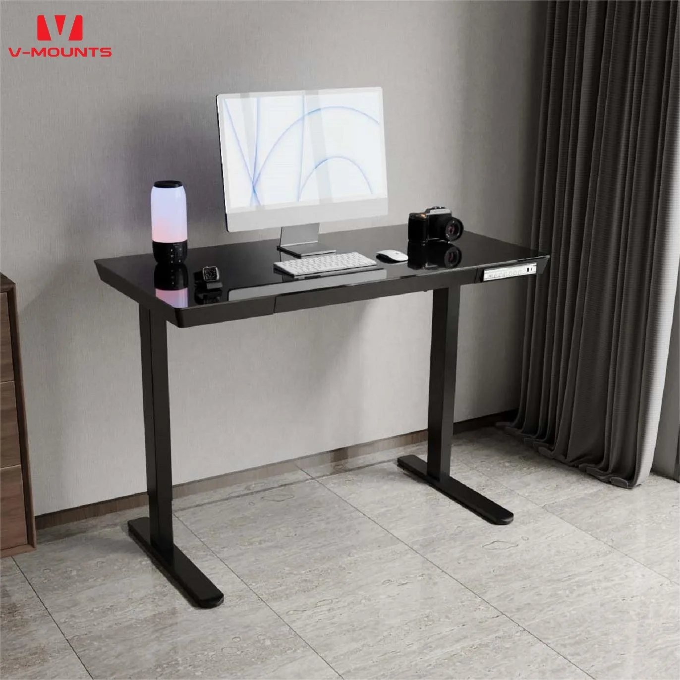 V-mounts Tempered glass desktop Electric Standing Desk With Drawers & Charging Interfaces VM-JSD5-01-G4