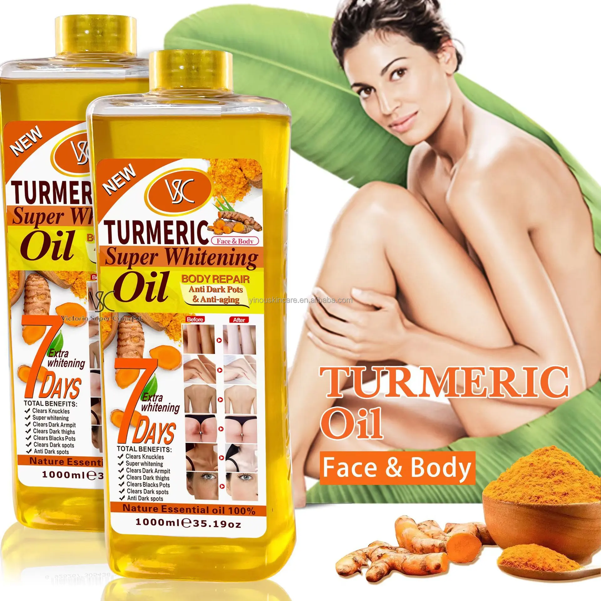 Oem High Quality 1000ml Turmeric Oil Super Whitening Oil Skin Anti-aging Dark Spot Removal Face&body Repair Massage Oil