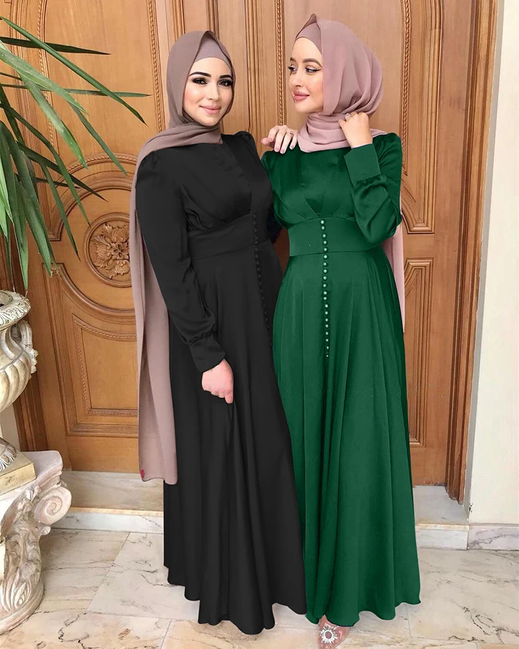 High Quality Modest Clothing Islamic Dress Solid Color Elegant Beaded Satin Muslim Women Dress