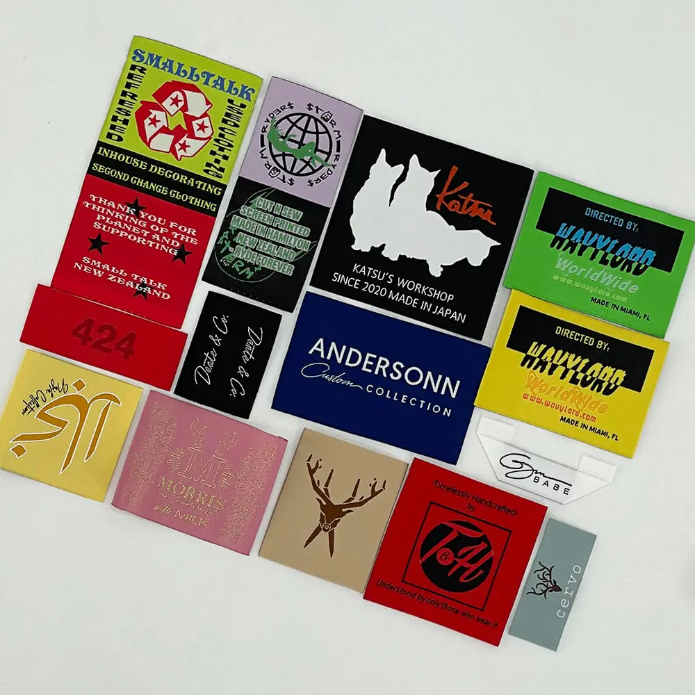 Custom Brand Name Logo Center Fold  Fabric Tags Machine Beanie Damask Woven Labels for Clothes