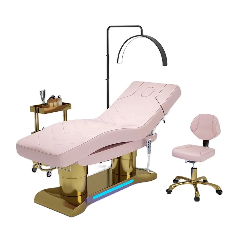 4 Motors Heating Function Beauty Bed Gold Base Treatment Table Salon Massage Bed Multi-functional Stretcher With Foot Control